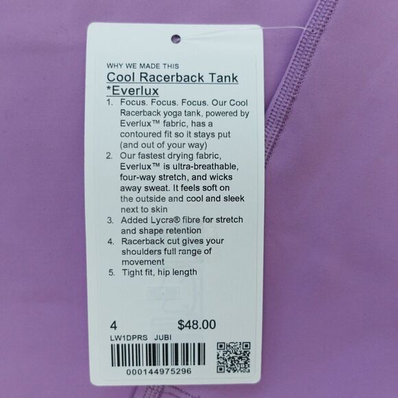 New Lululemon Size 4 Cool Racerback Tank Top Everlux JUBI Purple Hip Length - Picture 5 of 5